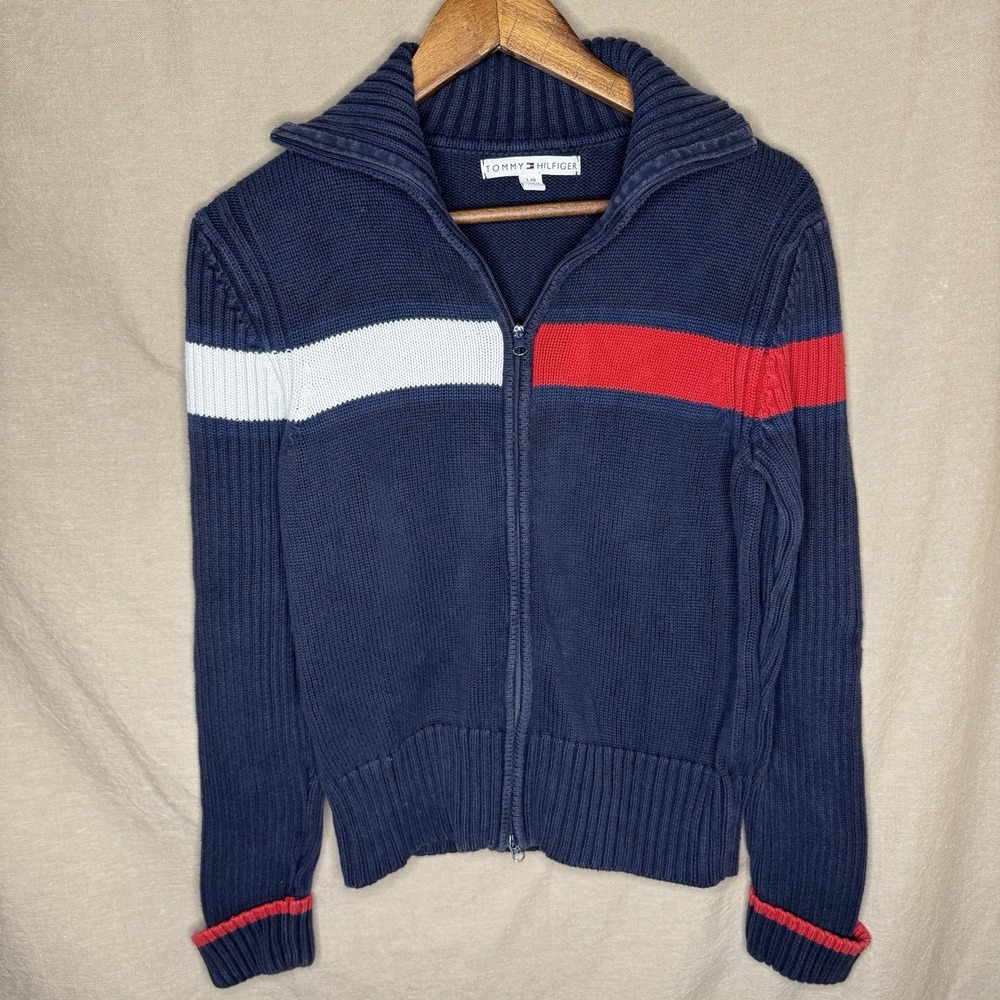 Tommy Hilfiger Womens Large Full Zip Sweater Striped Navy Vintage  EUC